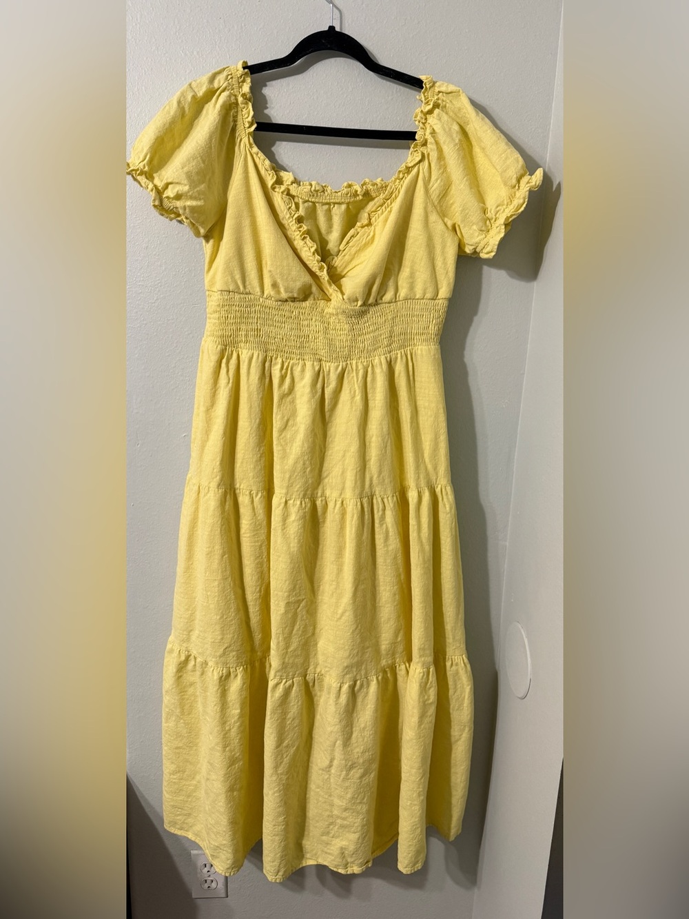 Flowy Cotton Yellow Smocked-Waist Cottagecore Tiered Dress 2XL